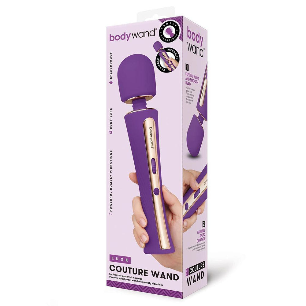 Bodywand Luxe Couture Wand - 28.2 cm USB Rechargeable Massage Wand packaging with features and design details.