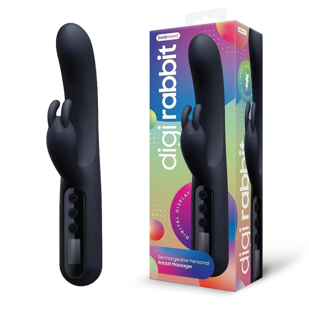 Bodywayd Digi Rabbit -  23 cm USB Rechargeable Rabbit Vibrator next to its colorful packaging, showcasing sleek design and digital display.