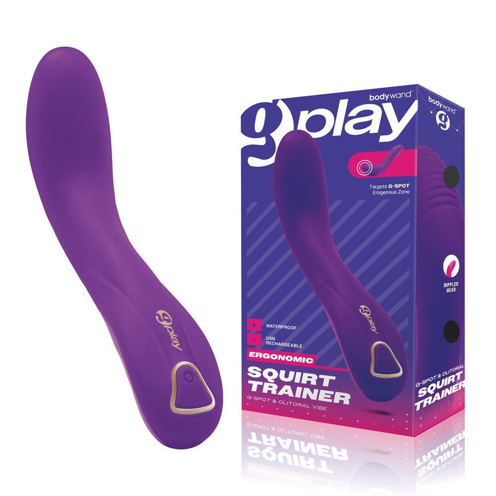 Bodywand G-Play Ergonomic Squirt Trainer - 19 cm USB Rechargeable Vibrator in purple packaging with features highlighted.