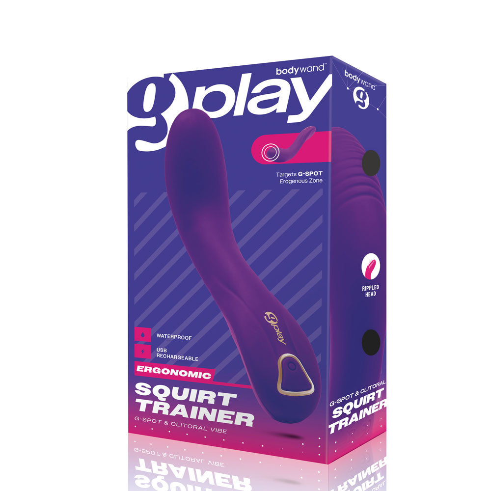 Bodywand G-Play Ergonomic Squirt Trainer - 19 cm USB Rechargeable Vibrator packaging featuring g-spot stimulation.