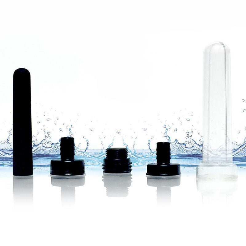 Boneyard The Skwert - 5 Piece Water Bottle Douche Adapter Kit components displayed with water splash background.