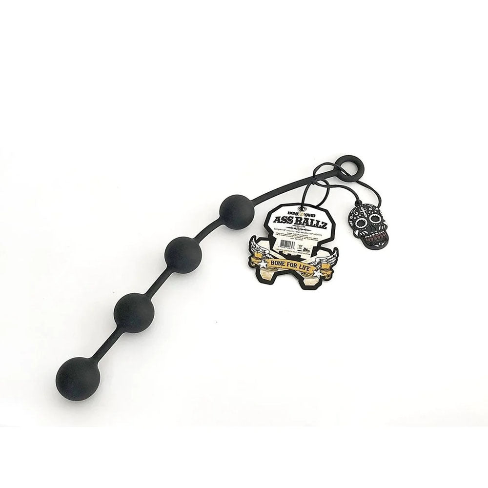 Boneyard Ass Ballz M - 40 cm Medium Anal Balls with black silicone finish and tags for adult novelty.