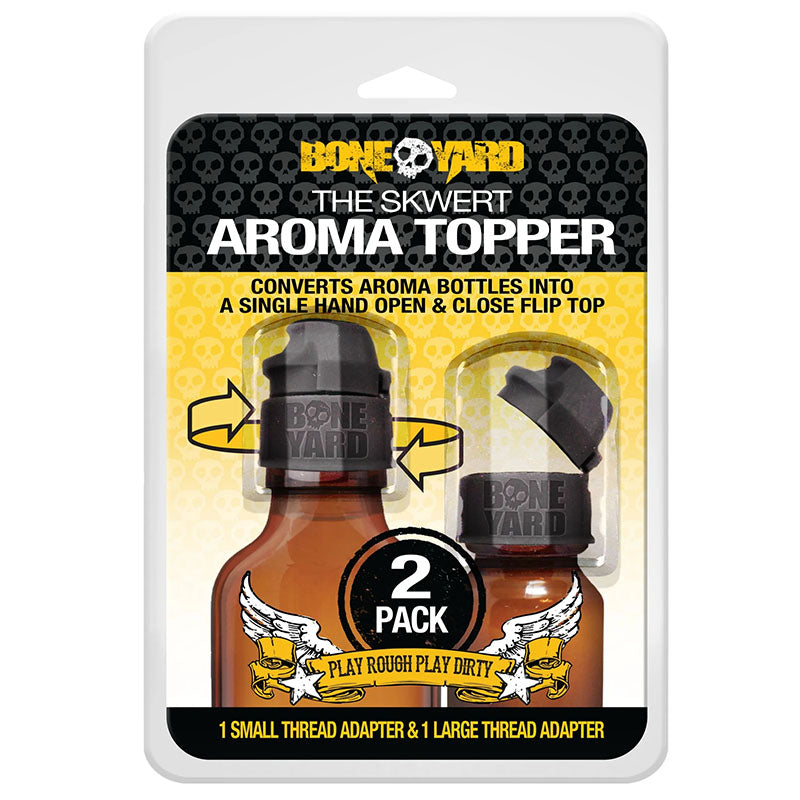 Boneyard The Skwert Aroma Topper 2 Pack - Aroma Bottle Caps - 1 Large and 1 Small packaging with product details.