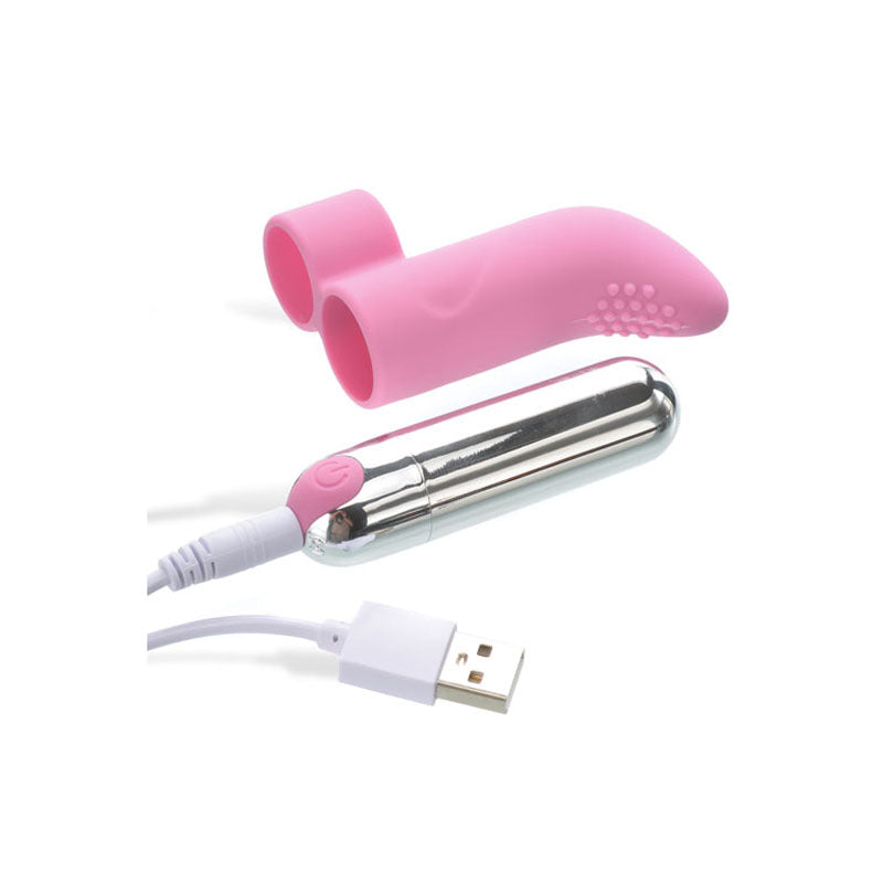 Adam & Eve Silicone Rechargeable Finger Vibe -  USB Rechargeable Finger Stimulator with pink silicone sleeve and chrome bullet.