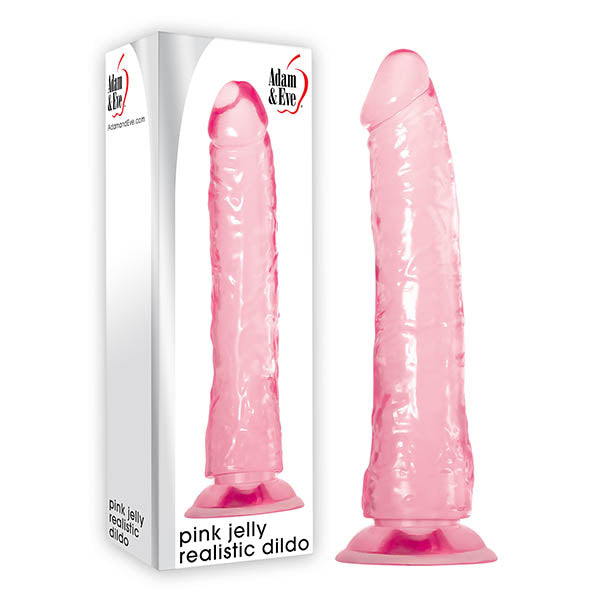 Adam & Eve  Jelly Realistic Dildo -  21 cm (8'') Dong shown in packaging, showcasing its realistic pink jelly design.