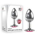 Adam & Eve  Gem Anal Plug - Medium - Silver Medium 8.2 cm Metal Butt Plug with Gem next to its elegant packaging.