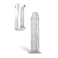 Adam & Eve Crystal  8'' Dong -  20.3 cm Dong next to packaging, showcasing its lifelike texture and suction cup base.