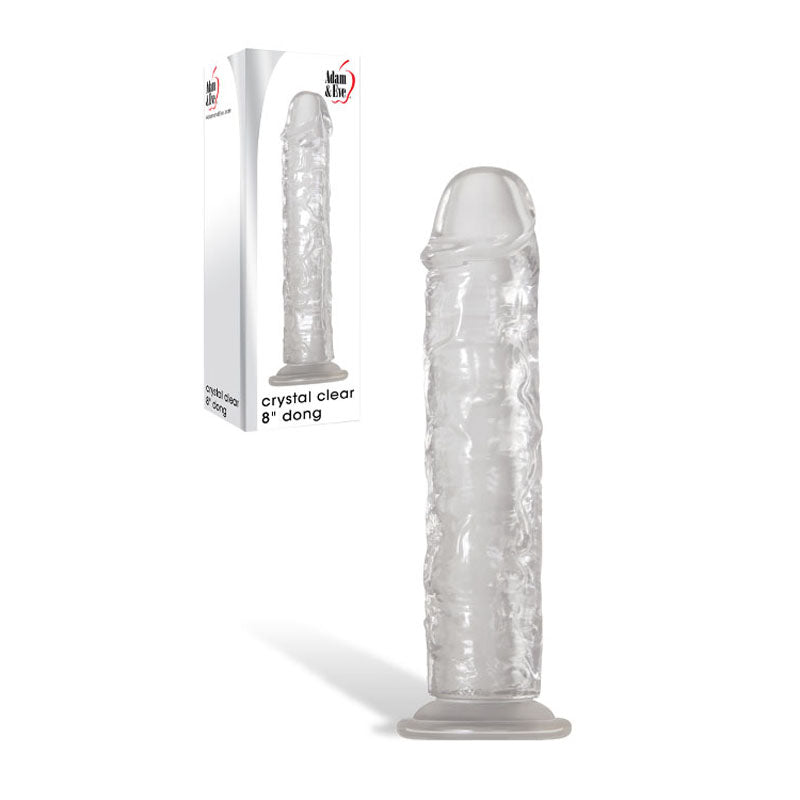 Adam & Eve Crystal  8'' Dong -  20.3 cm Dong next to packaging, showcasing its lifelike texture and suction cup base.