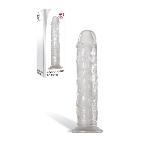 Adam & Eve Crystal  8'' Dong -  20.3 cm Dong next to packaging, showcasing its lifelike texture and suction cup base.