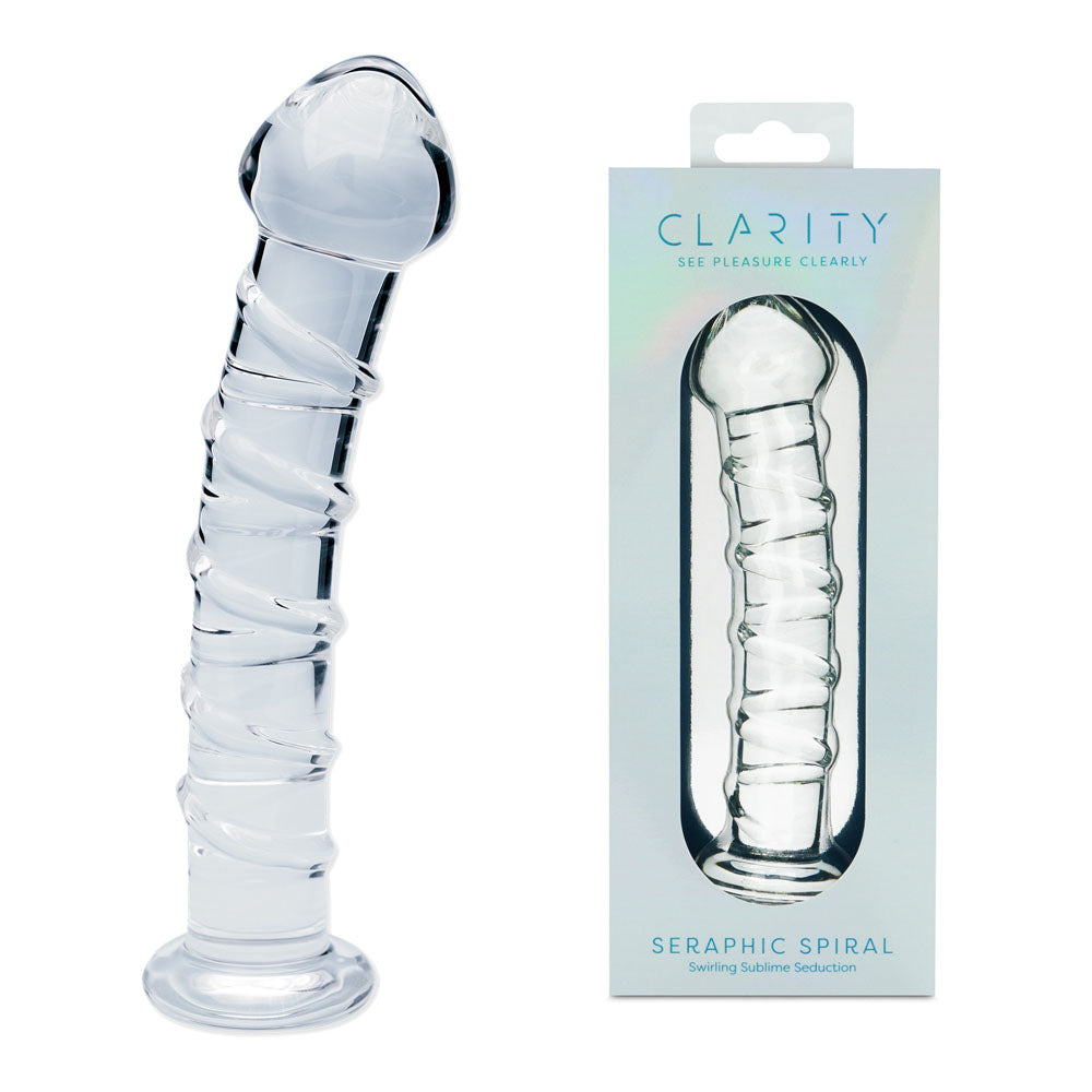 Clarity - Seraphic Spiral - 16 cm Glass Dildo in packaging showcasing its elegant design and distinctive spiral texture.