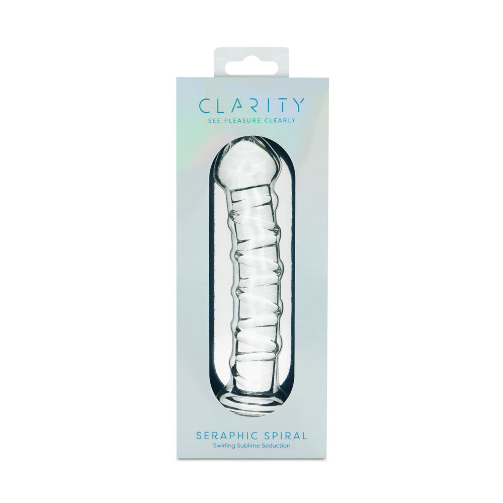 Clarity - Seraphic Spiral - 16 cm Glass Dildo in elegant packaging showcasing its artistic design and unique spiral texture.