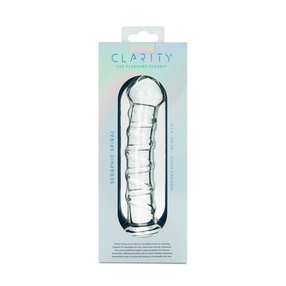 Clarity - Seraphic Spiral - 16 cm Glass Dildo packaging showcasing its decorative spiral design.