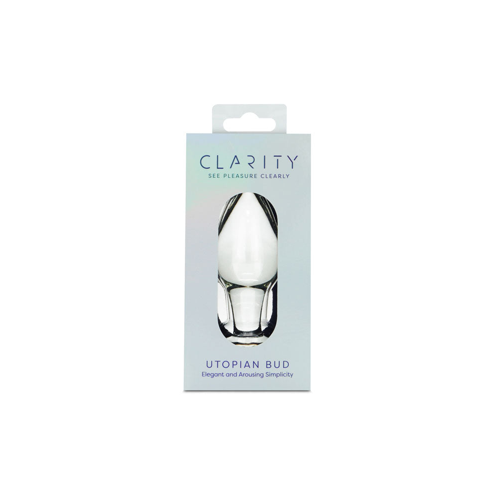 Clarity - Utopian Bud -  8.9 cm Glass Butt Plug packaging showcasing elegant design and smooth finish.