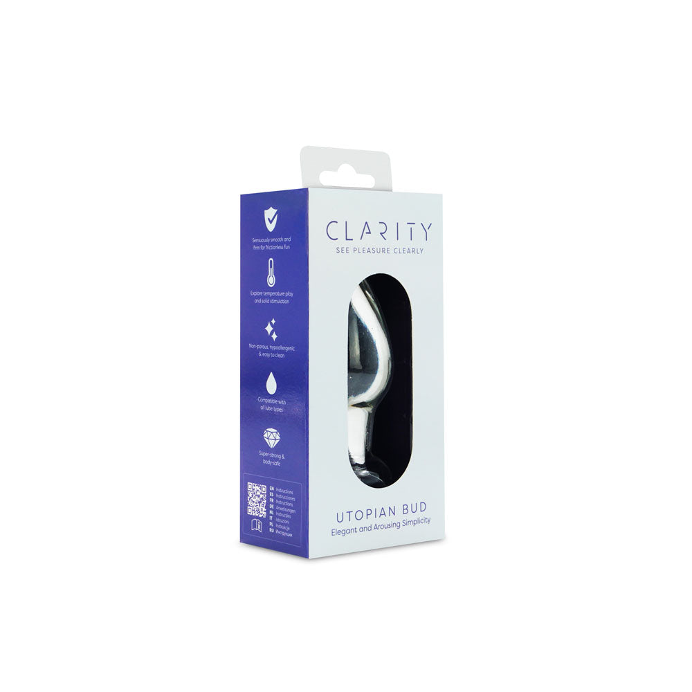 Clarity - Utopian Bud -  8.9 cm Glass Butt Plug packaging showcasing elegant design and features.