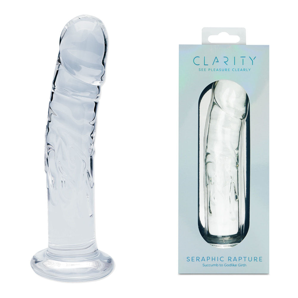 Clarity - Seraphic Rapture -  17.8 cm Glass Dildo in packaging showcasing its sleek design and craftsmanship.