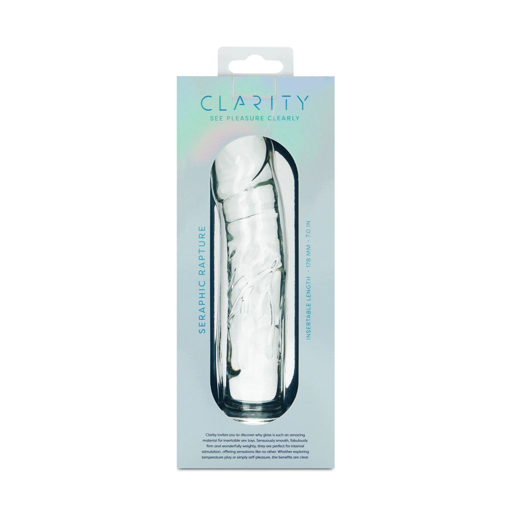 Clarity - Seraphic Rapture -  17.8 cm Glass Dildo in packaging showcasing its design and features.