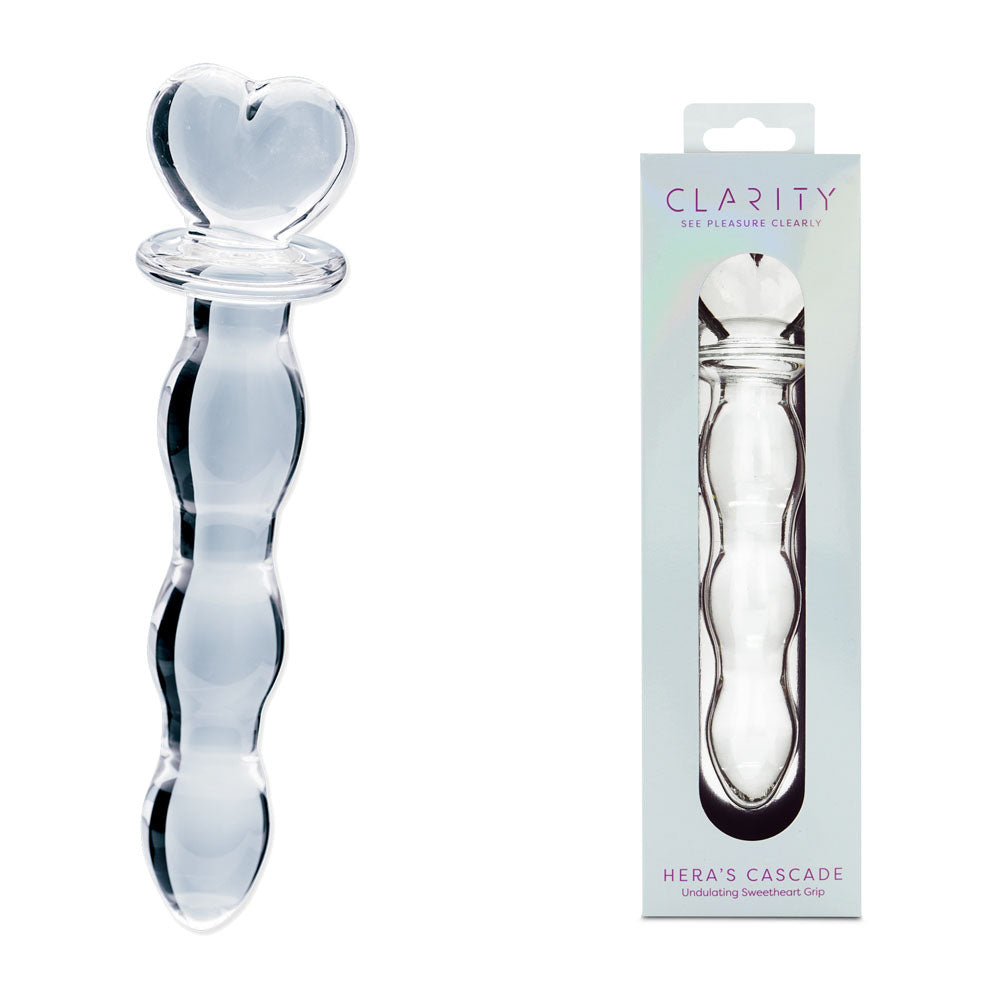 Clarity - Hera's Cascade - 15 cm Glass Dildo with heart-shaped handle and packaging for intimate essentials.
