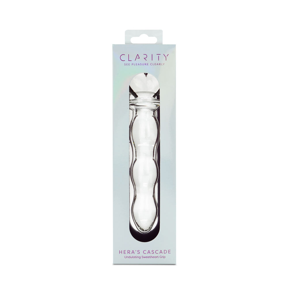 Clarity - Hera's Cascade - 15 cm Glass Dildo in packaging showcasing its elegant design and sculptural heart-shaped handle.