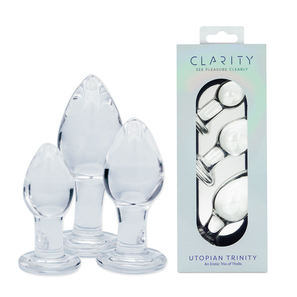 Clarity - Utopian Trinity -  Glass Butt Plugs - Set of 3 Sizes displayed with elegant packaging.