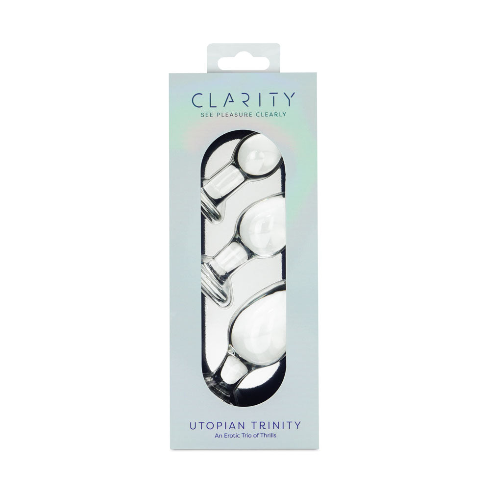 Clarity - Utopian Trinity - Glass Butt Plugs - Set of 3 Sizes in elegant packaging for adult novelty use.