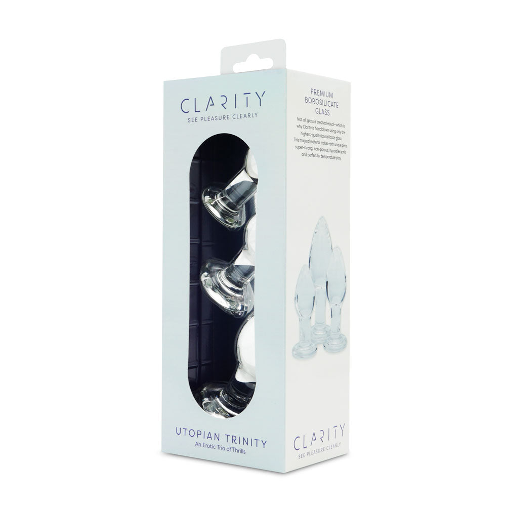 Clarity - Utopian Trinity - Glass Butt Plugs - Set of 3 Sizes in premium borosilicate glass packaging.