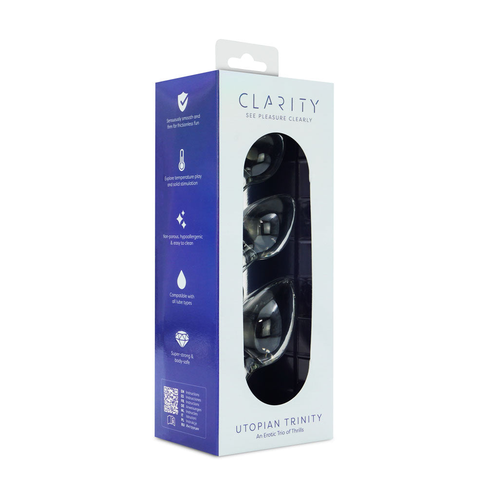 Clarity - Utopian Trinity -  Glass Butt Plugs - Set of 3 Sizes packaging showcase with elegant design.