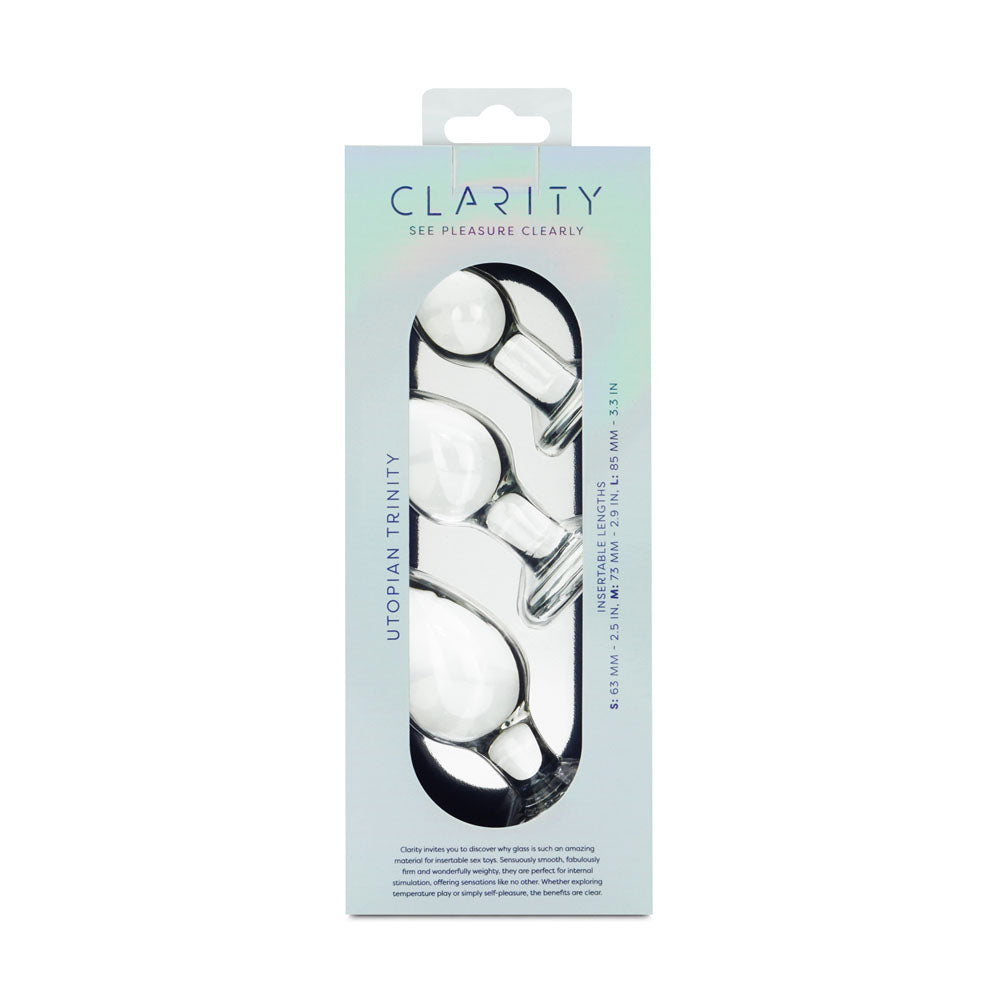 Clarity - Utopian Trinity -  Glass Butt Plugs - Set of 3 Sizes packaged for intimate essentials and pleasure.