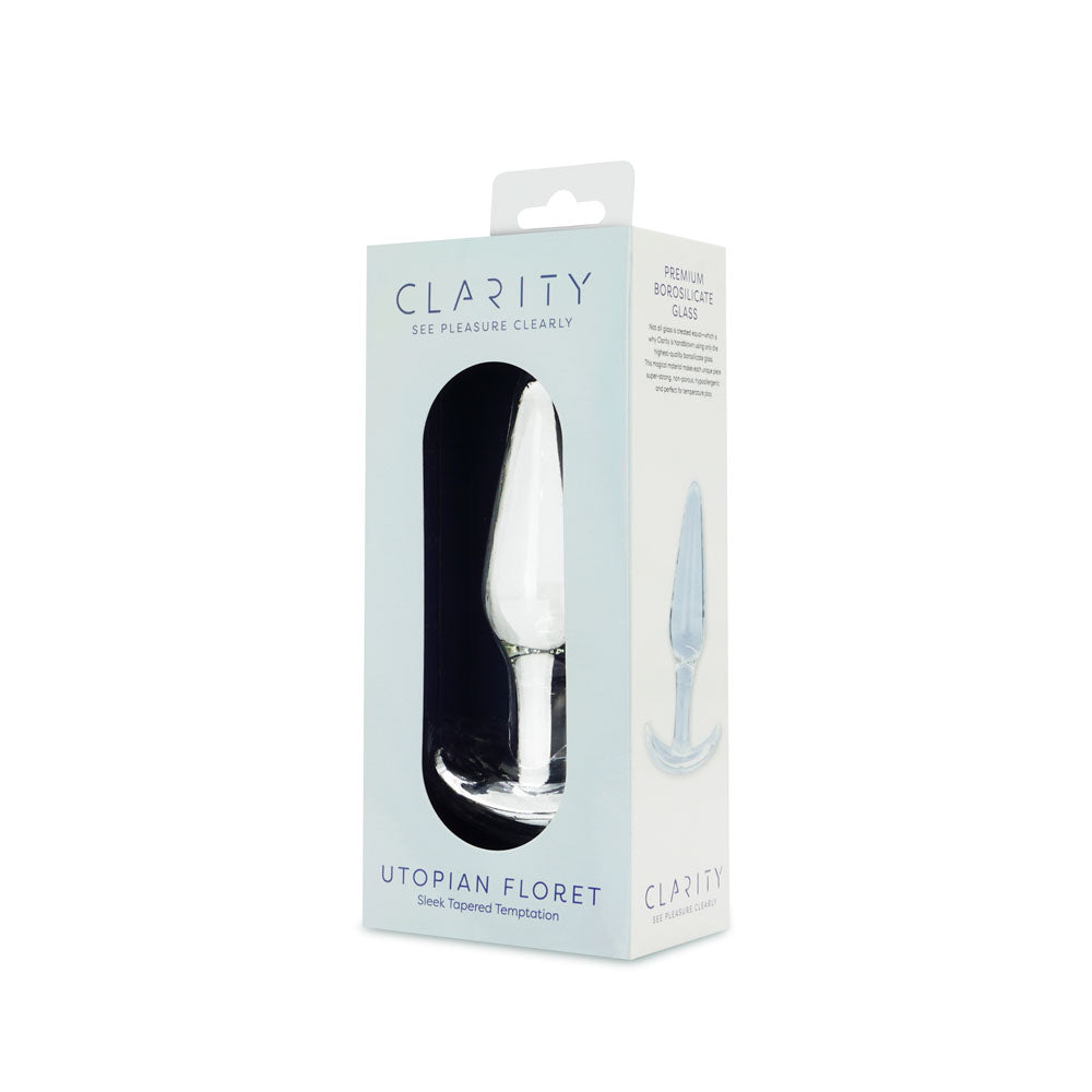 Clarity - Utopian Floret -  11 cm Glass Butt Plug in elegant packaging showcasing premium borosilicate glass design.