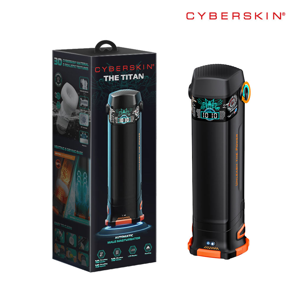 CyberSkin The Titan -  USB Rechargeable Thrusting & Vibrating Auto Masturbator with Heater and packaging design