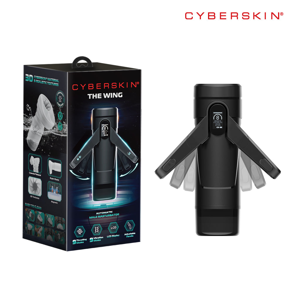 CyberSkin The Wing -  USB Rechargeable Thrusting & Massaging Auto Masturbator with Heater packaging and device design.
