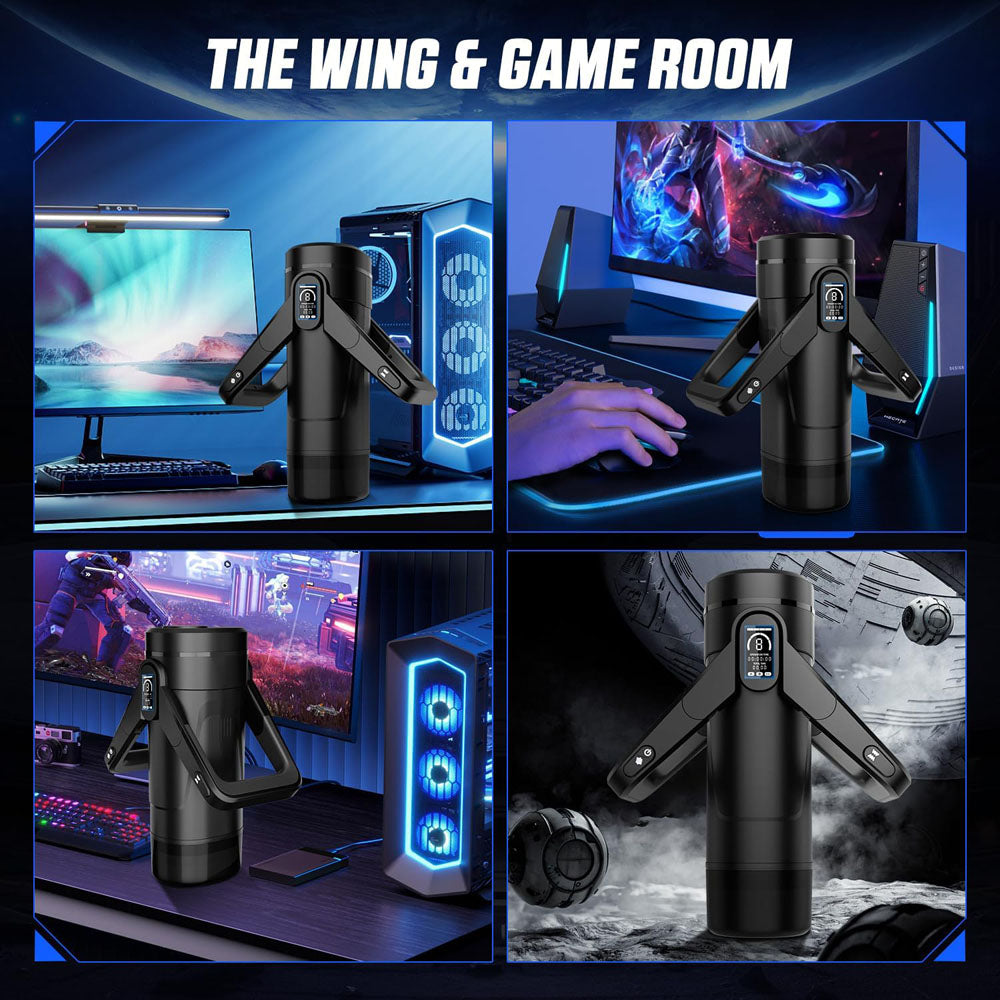 CyberSkin The Wing - USB Rechargeable Thrusting & Massaging Auto Masturbator with Heater displayed in a gaming setup.