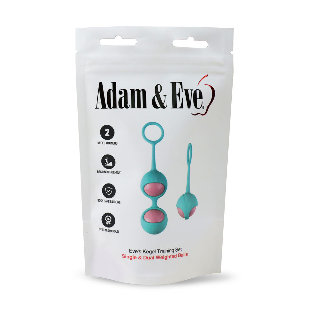 Adam & Eve Eve's Kegel Training Set - Teal/Pink Kegel Trainers - Set of 2 packaging featuring single and dual weighted balls.