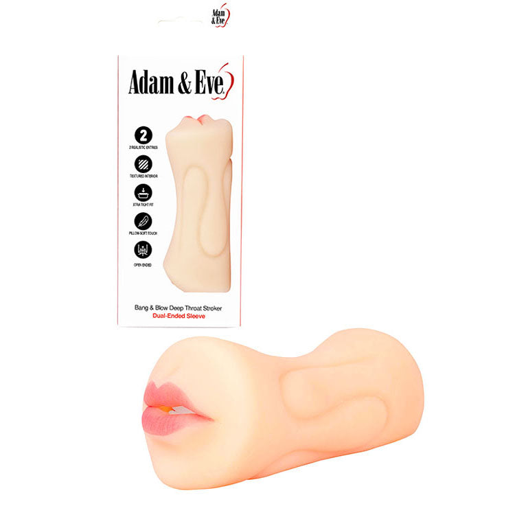 Adam & Eve Bang & Blow Deep Throat Stroker -  Vagina & Mouth Dual Ended Stroker with realistic mouth and vulva ends.