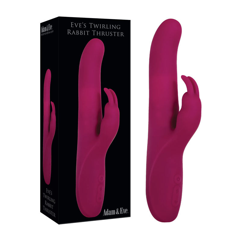 Adam & Eve Eve's Twirling Rabbit Thruster - 24.1 cm USB Rechargeable Thrusting Rabbit Vibrator in vibrant pink with packaging.