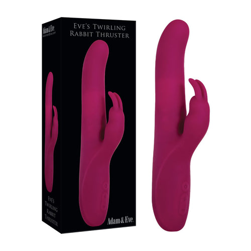 Adam & Eve Eve's Twirling Rabbit Thruster - 24.1 cm USB Rechargeable Thrusting Rabbit Vibrator in vibrant pink with packaging.