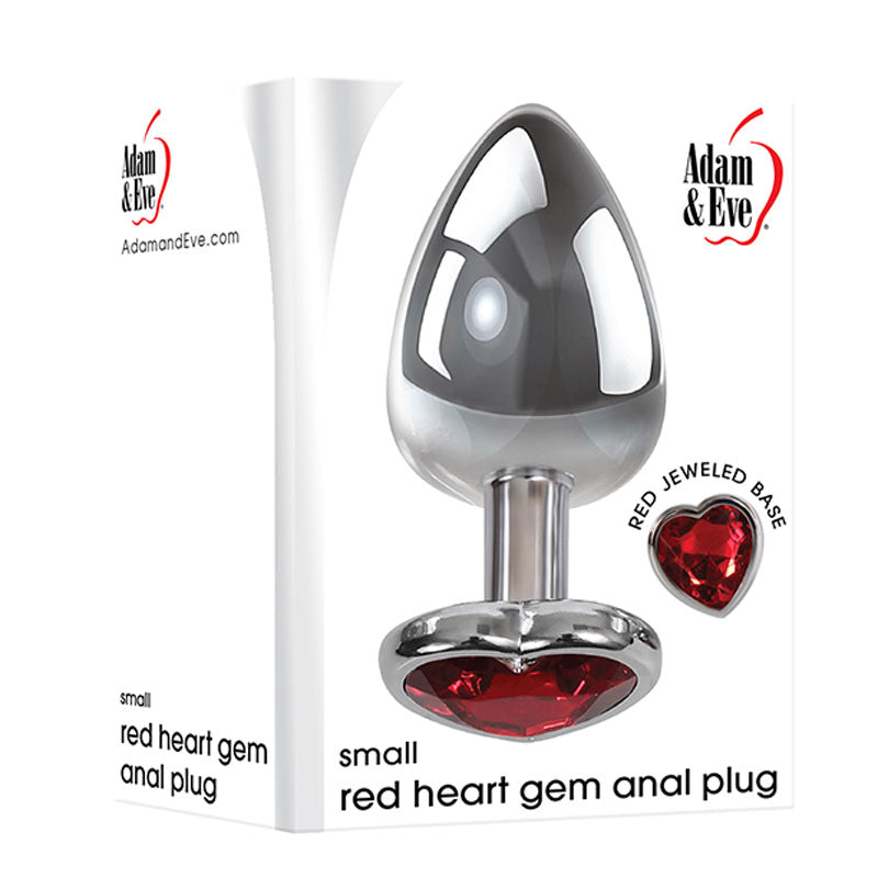 Adam & Eve Red Heart Gen Anal Plug - Small - Metallic 7.1 cm Butt Plug with Heart Gem Base packaging image.