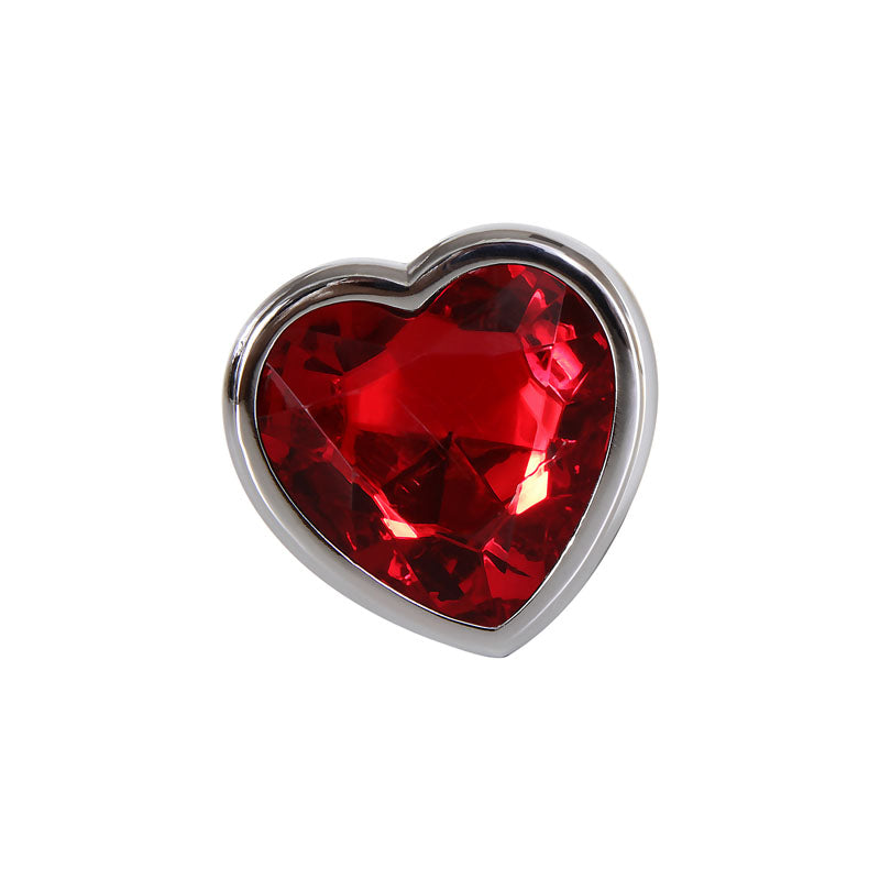 Adam & Eve Red Heart Gen Anal Plug - Small - Metallic 7.1 cm Butt Plug with Heart Gem Base - close view of red heart gem.