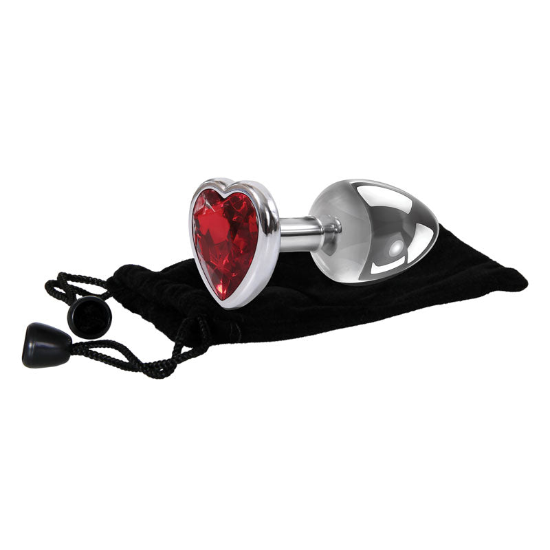 Adam & Eve Red Heart Gen Anal Plug - Small - Metallic 7.1 cm Butt Plug with Heart Gem Base on a velvet storage bag.