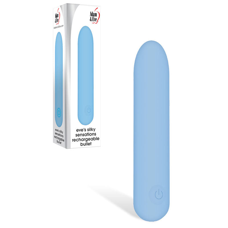 Adam & Eve Eve's Silky Sensations Rechargeable Bullet -  9.4 cm USB Rechargeable Bullet in blue packaging.