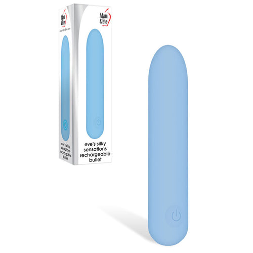 Adam & Eve Eve's Silky Sensations Rechargeable Bullet -  9.4 cm USB Rechargeable Bullet in blue packaging.