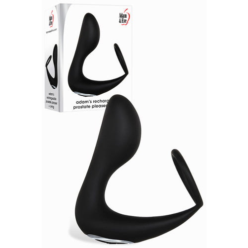 Adam & Eve Adam's Rechargeable Prostate Pleaser & C-Ring - USB Rechargeable Anal Plug with Cock Ring on display.
