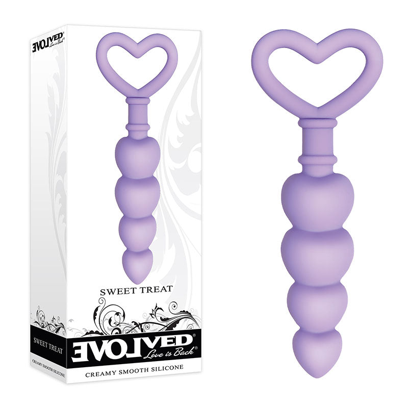 Evolved Sweet Treat -  11.5 cm Beaded Butt Plug with Handle in lavender silicone packaging.