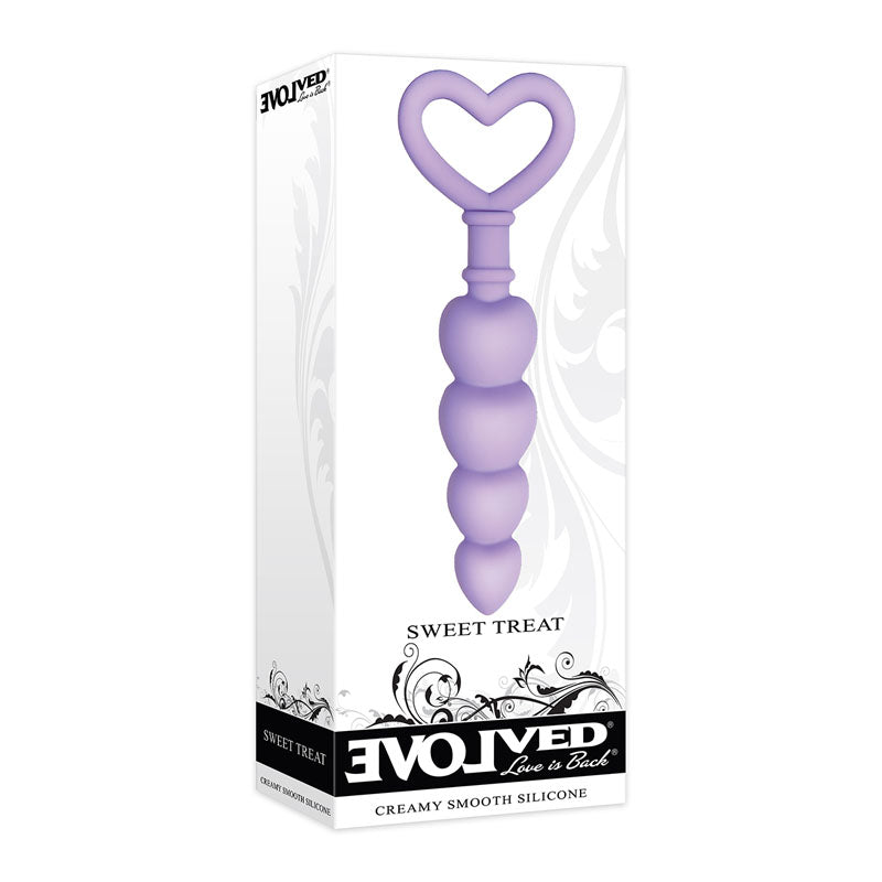 Evolved Sweet Treat -  11.5 cm Beaded Butt Plug with Handle in packaging, creamy smooth silicone material.