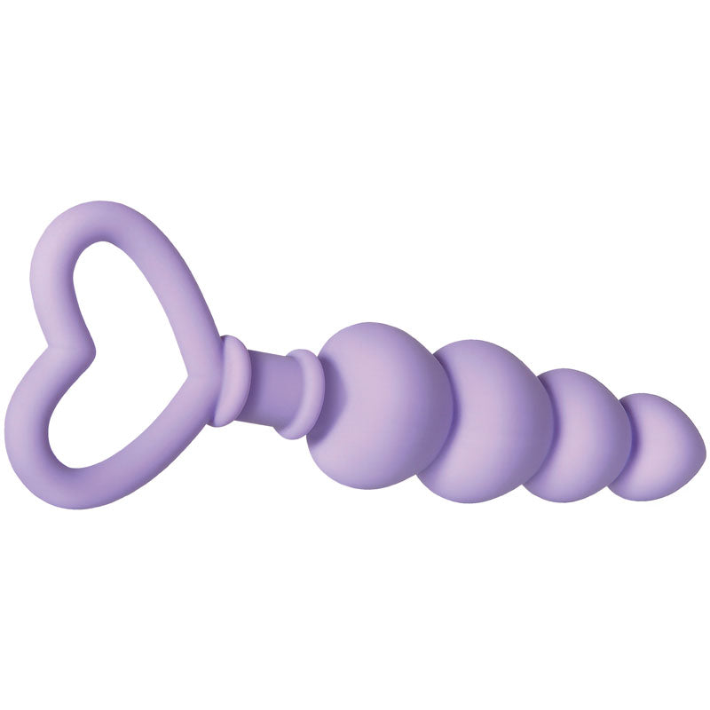 Evolved Sweet Treat -  11.5 cm Beaded Butt Plug with Handle in purple silicone with heart-shaped handle.