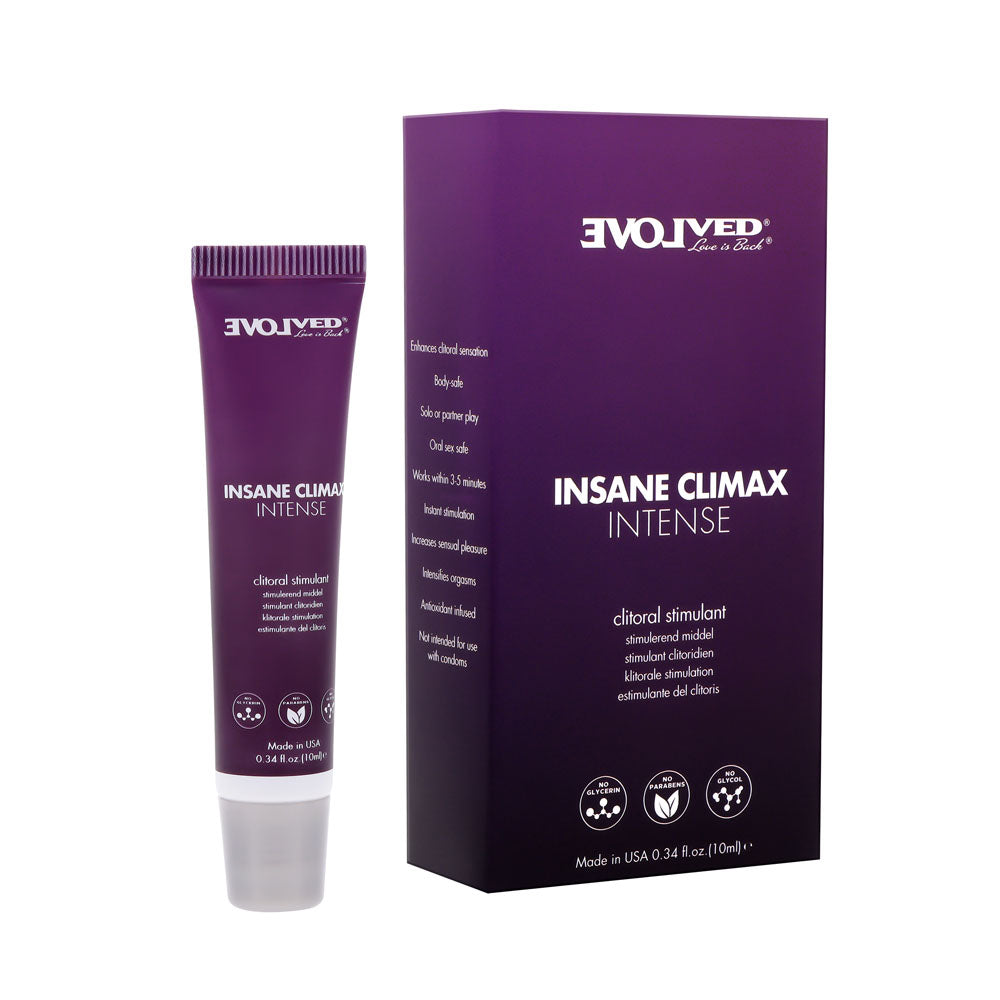 Evolved INSANE CLIMAX - INTENSE - Clitoral Stimulation Gel - 10 ml Tube with box, designed for enhanced intimate pleasure.