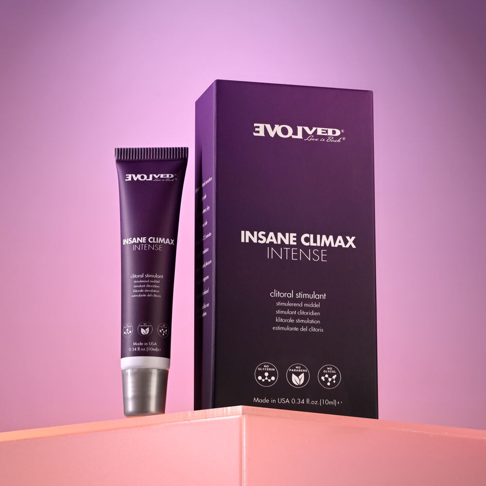 Evolved INSANE CLIMAX - INTENSE - Clitoral Stimulation Gel - 10 ml Tube with packaging on a pink background.