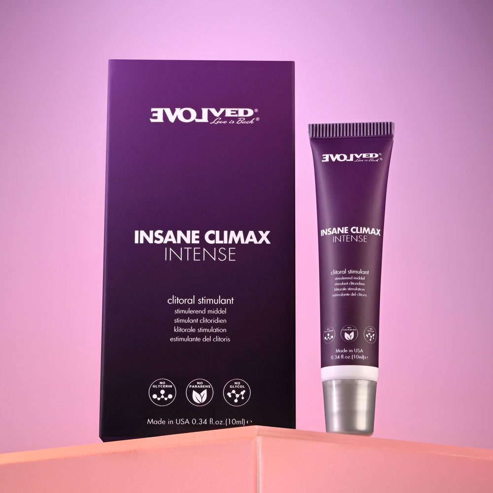 Evolved INSANE CLIMAX - INTENSE - Clitoral Stimulation Gel - 10 ml Tube packaging and tube displayed on pink surface.