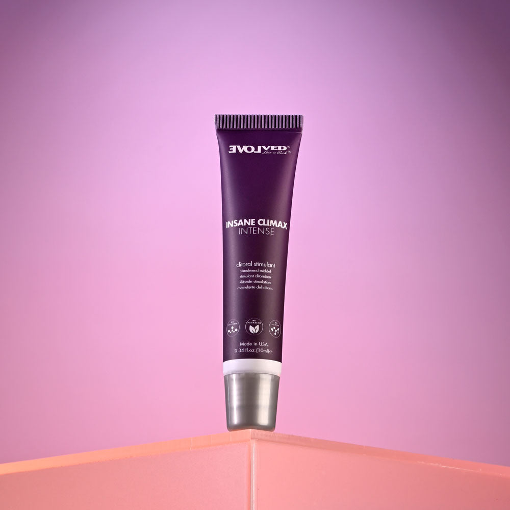 Evolved INSANE CLIMAX - INTENSE - Clitoral Stimulation Gel - 10 ml Tube on a colorful background
