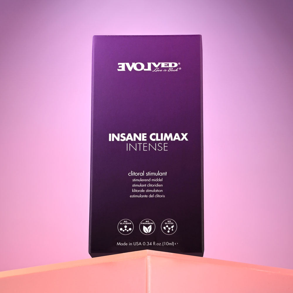 Evolved INSANE CLIMAX - INTENSE - Clitoral Stimulation Gel - 10 ml Tube packaging on colorful background.