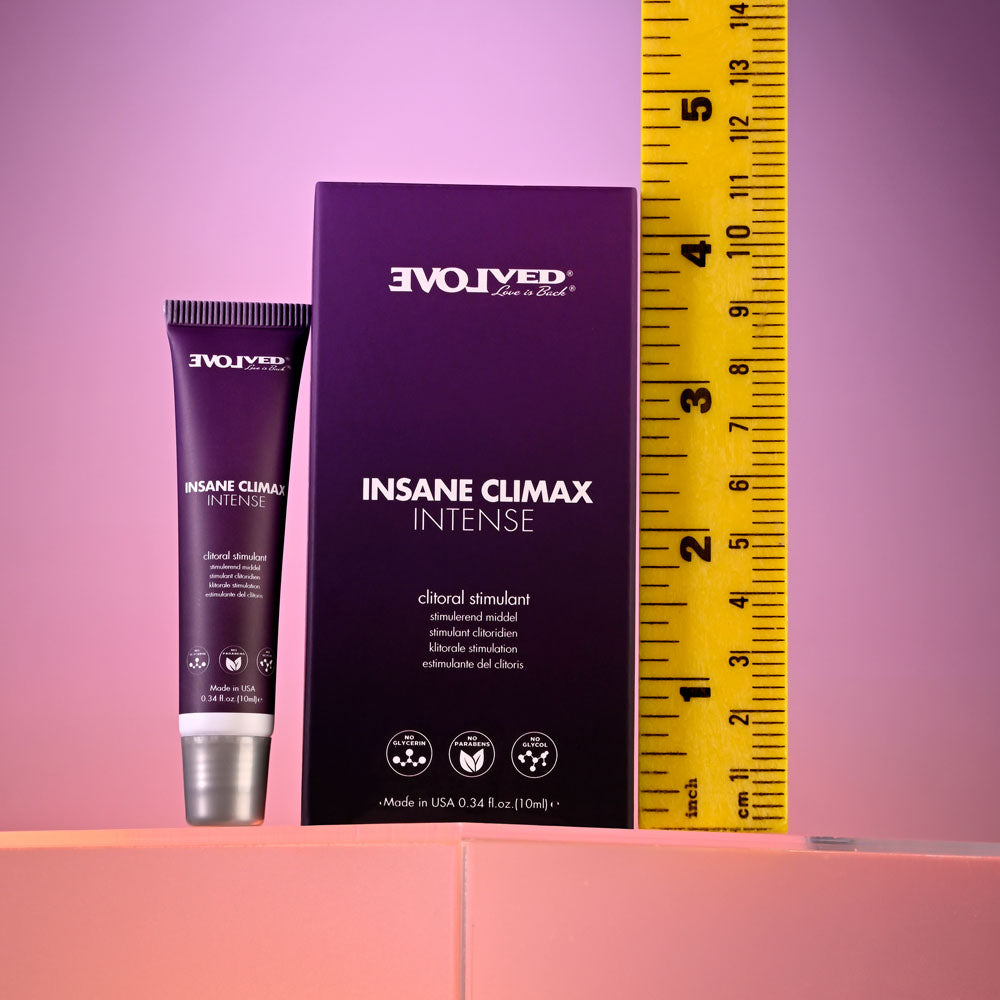 Evolved INSANE CLIMAX - INTENSE - Clitoral Stimulation Gel - 10 ml Tube next to a ruler for size reference.